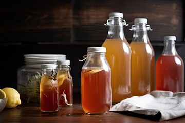 Fototapeta na wymiar Homemade sweet kombucha drink in glass jars on a wooden background. Generative ai.