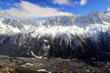 View of the city of Chamonix seen from Le Brevent mountain. French Alps, Europe.