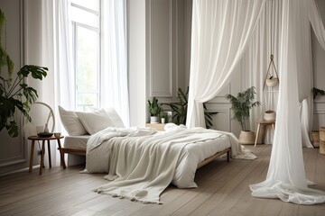 Contemporary white Skandinavian bedroom with bed and flowing white drapes. Boho bedroom with comfy bed and cushions, copy space. Generative AI
