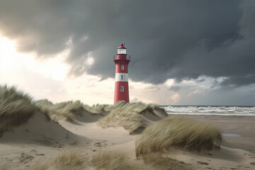 red and white lighthouse on the beach between the dunes after the storm