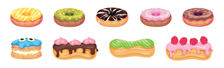 Sweet and Yummy Creamy Eclair and Donut Dessert Vector Set