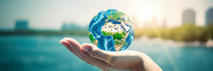 Concept for World Environment Day: A man drags a heart-shaped earth globe across a background of water and a blurry blue sky. - Generative AI