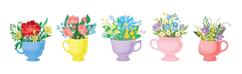 Bouquet of Blooming Flowers in Ceramic Vase with Handle Vector Set