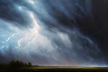 Lightning in the storm above the meadow Generative AI Art