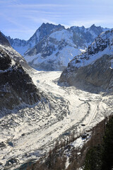 The Mer de Glace ("Sea of Ice") is a valley glacier. Mont Blanc massif, in the French Alps. Europe.
