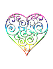 Heart with floral scrolls and rainbow colors in transparent background.