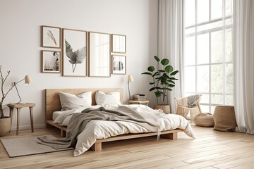 Fototapeta na wymiar Mock up frame in bedroom interior backdrop, white room with natural wooden furnishings, Scandi Boho style,. Generative AI