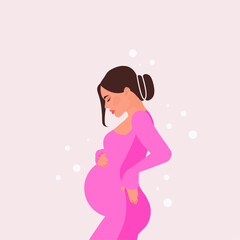Banner with pregnant elegant woman, future mom hugging belly with arms. Happy Mother's Day. Flat vector illustration.