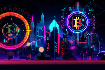 cryptocurrency, futuristic financial system, multicolor bitcoin icon, generative ai