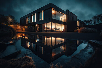 Obraz premium modern apartment building in concrete style with pool created with Generative AI technology