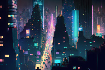 Colorful Skyscraper metropolis at night. Generative AI