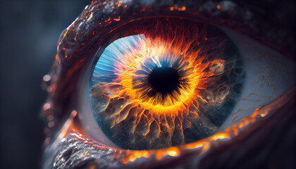 Close up lava inside red eye macro, Generative AI