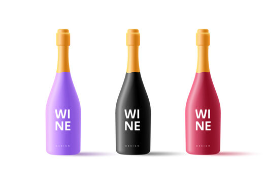 3D Realistic modern set of colorful wine bottles with gold label and text. Sparkling wine design and advertising template. Isolated image on white background.
