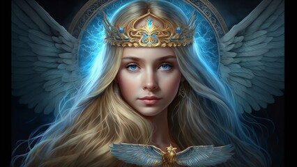 Enchanting beautiful blond Princess with glowing radiant blue light. Generative AI.