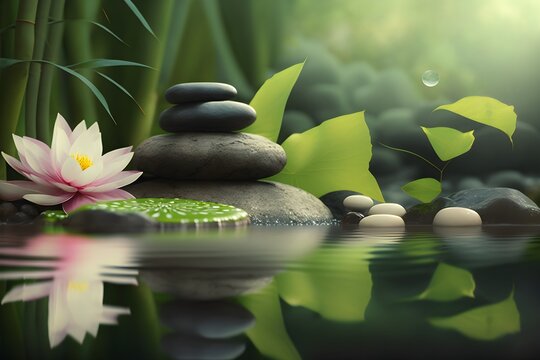Wallpaper Illustration and background of a Japanese garden, with balance stone. Front view. Concept of relaxing, zen image. Generative AI.