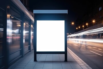 Bright glowing advertising screen or information poster, layout on the city street. Generative ai.
