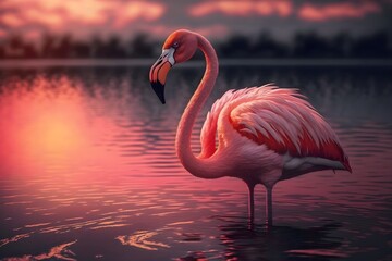 Beautiful pink flamingo in the water on the sunset, AI generated