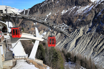 Gondola lift to the glacier Mer de Glace ("Sea of Ice"). Mont Blanc massif, in the French Alps.