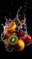 Fototapeta na wymiar Fresh fruits and water splashes on black background. Generative AI