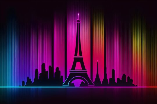 Eifel tower in retro synthwave pattern neon vibrant background