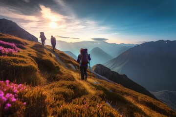 Obraz premium Tourists with backpacks travel through the flowering mountains at sunset. Generative ai.