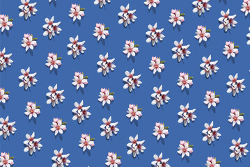 Fototapeta na wymiar Spring creative pattern with almond blossoms against vibrant blue background. Minimal sunlit flat lay.