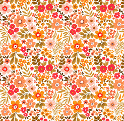 Vector seamless pattern. Pretty pattern in small flowers. Small yellow and red flowers. White background. Ditsy floral background. The vintage template for fashion prints. Stock vector.