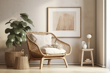Mock up frame in warm beige house decor,. Generative AI