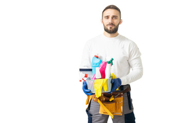cleaner worker in gloves with detergents