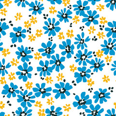 Fototapeta na wymiar Cute seamless vector floral pattern. Endless print made of small blue and yellow flowers. Summer and spring motifs. White background. Stock vector illustration