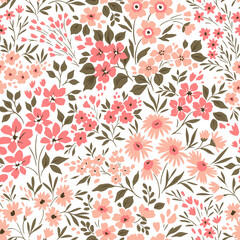 Beautiful floral pattern in small flowers. Small rose pink flowers. White background. Ditsy print. Floral seamless background. Elegant template for fashion prints. Stock pattern.