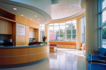 Generative AI illustration of a medical clinic waiting room with modern furniture and natural light coming through the window