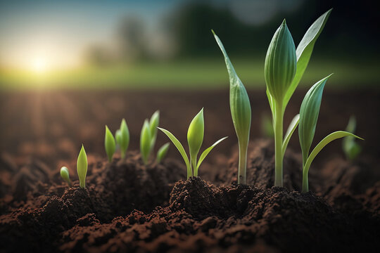Green corn sprouts in farm field with soft focus, spring season, Generative AI