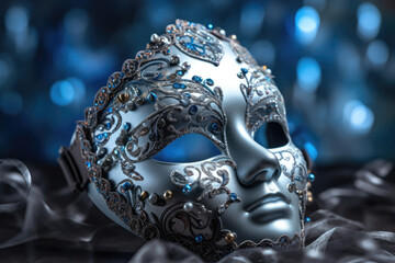 Silver elegant venetian mask for masquerade disguise party, theater performance or carnival, blue frozen background banner with copy space, generative ai