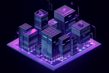 Smart city or intelligent building isometric vector concept. Building automation with computer networking illustration. Data Center Blockchain Technology Generative AI