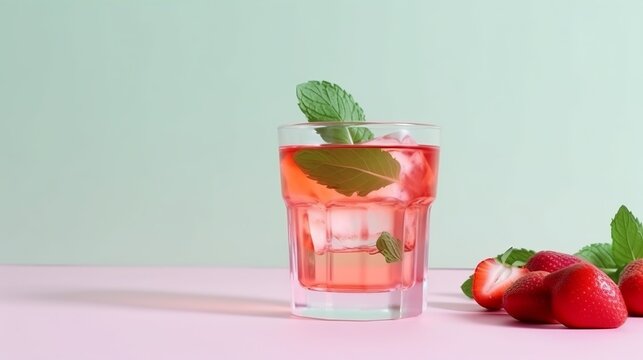 Red sweet cold party drink in elegant shot glass with ice cubes, strawberry slice, green mint on pastel soft pink color background, white wood board Generative AI