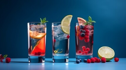 Cocktails drinks. Classic alcoholic long drink or mocktail highballs with berries, lime, herbs and ice on blue background Generative AI