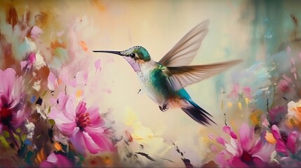 Delicate painting with a bird landing on the flowers. Pastel tones. Blurred background Generative AI