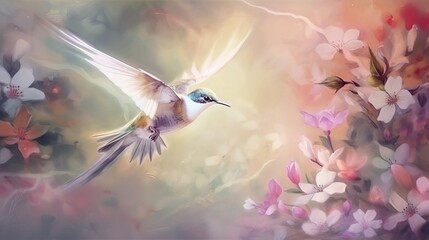 Delicate painting with a bird landing on the flowers. Pastel tones. Blurred background Generative AI