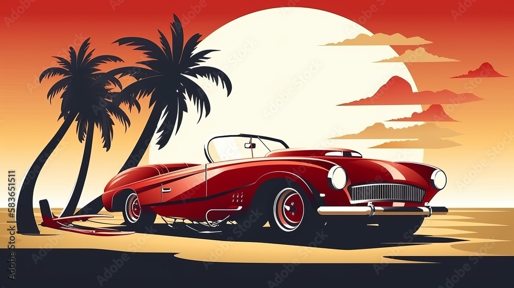 Wall mural Red retro roadster car with surfing boards on the beach with palm silhouettes on background. Summer time themed vector illustration Generative AI