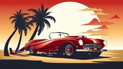 Red retro roadster car with surfing boards on the beach with palm silhouettes on background. Summer time themed vector illustration Generative AI