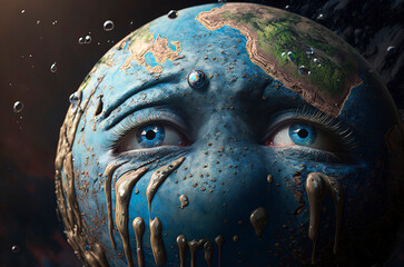Generative AI illustration of planet earth suffering and crying for climate change