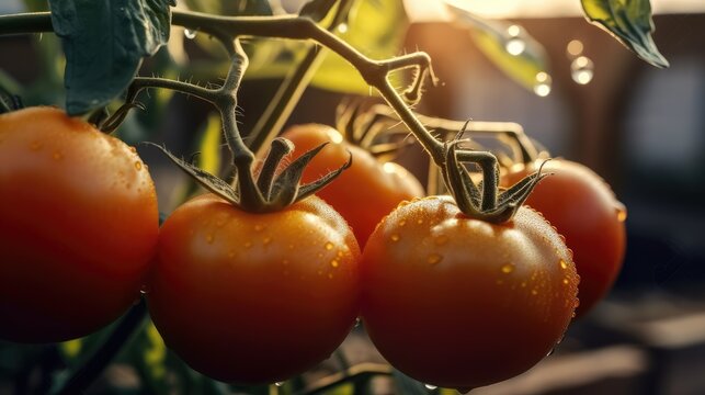 Organic Tomatoes growing in greenhouse - Generative AI	

