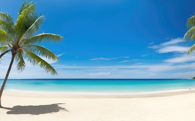 Obraz na płótnie Canvas Empty beach with blue water, sky, palm tree and clouds