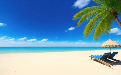 Fototapeta na wymiar Empty beach with blue water, sky, palm tree and clouds