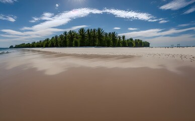 Fototapeta na wymiar Empty beach with water, sky, tree and clouds