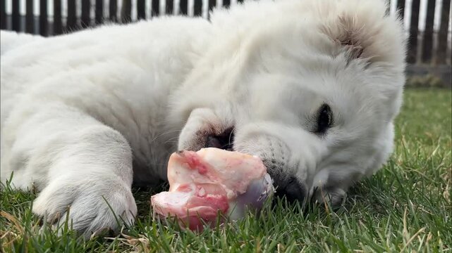 White puppy Alabai gnaws at the epiphysis of the bone outdoors. Dogs Raw Food Diet. Biologically Appropriate Raw Food.