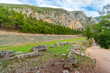 Fototapeta na wymiar The 4th century BC Stadium of Delphi lies on the highest spot of the ancient and sacred archaeological site of Delphi, Greece.