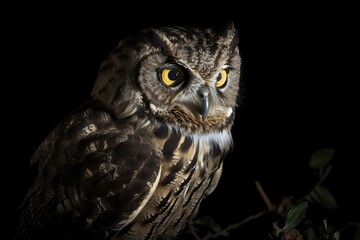 Brown owl with brown plumage on black background at night. IA