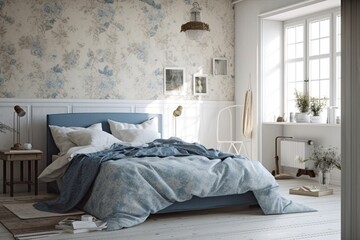 White and blue farmhouse bedroom mockup. Wallpaper and wood furniture. Boho decor,. Generative AI